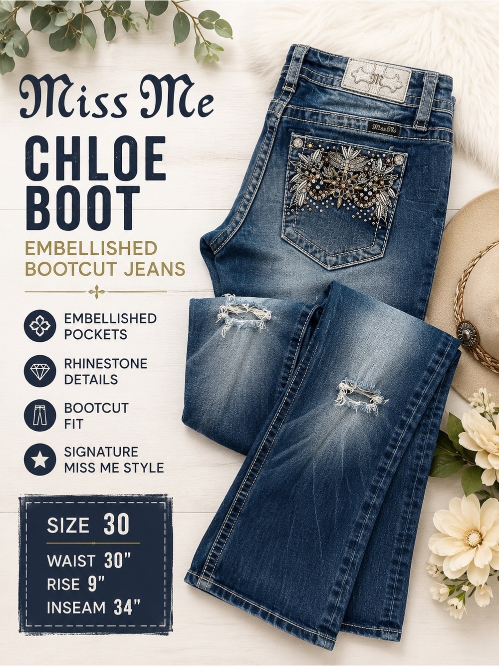 Miss Me Chloe Boot Jeans Women’s Size 30 Medium Wash Embellished Floral Pocket